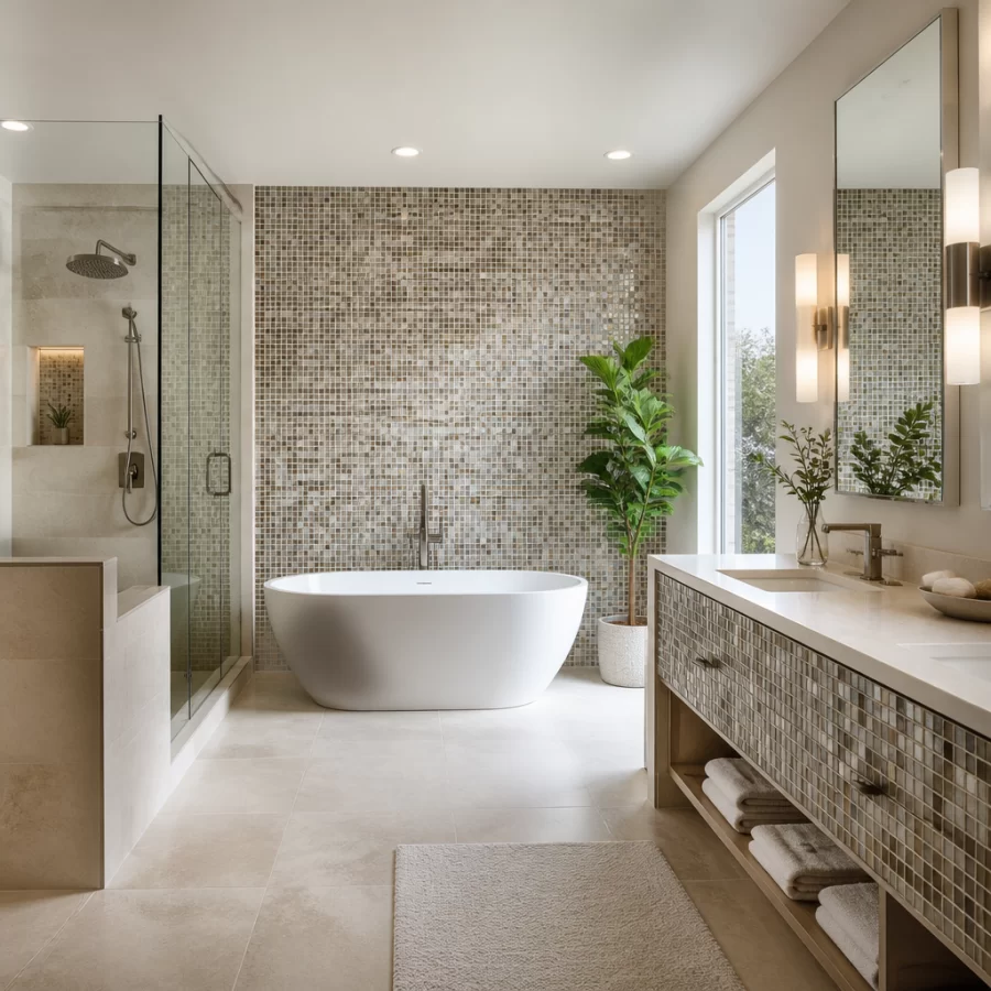 Phòng tắm dùng gạch mosaic làm mảng nhấn trang trí quanh khu vực lavabo.