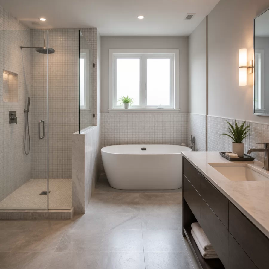 Phòng tắm sáng thoáng với gạch mosaic màu sắc hài hòa, dễ quan sát và sử dụng