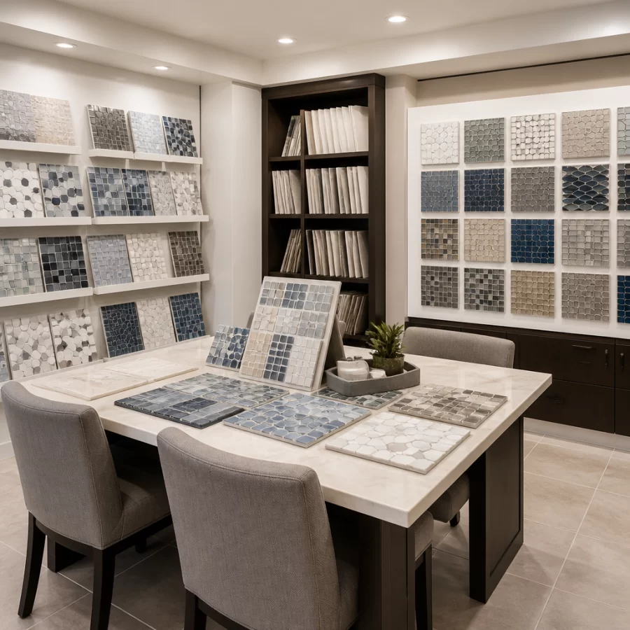 Không gian showroom trưng bày gạch mosaic cho phòng tắm, gợi cảm giác được tư vấn chọn mẫu thực tế.