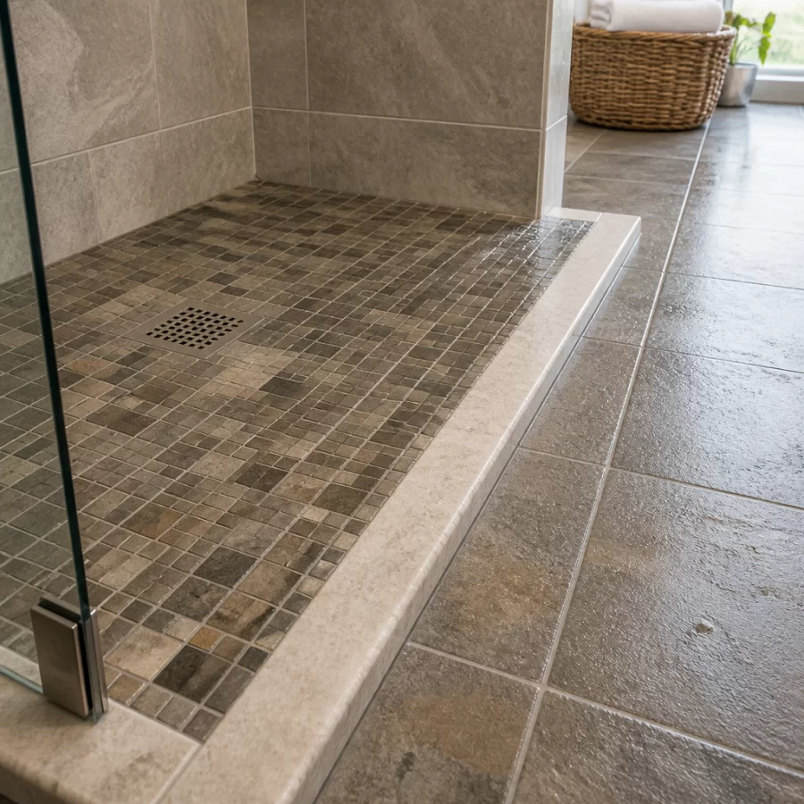 Khu vực tắm dùng gạch mosaic với bề mặt và mạch gạch được thể hiện rõ để nhấn mạnh yếu tố an toàn.