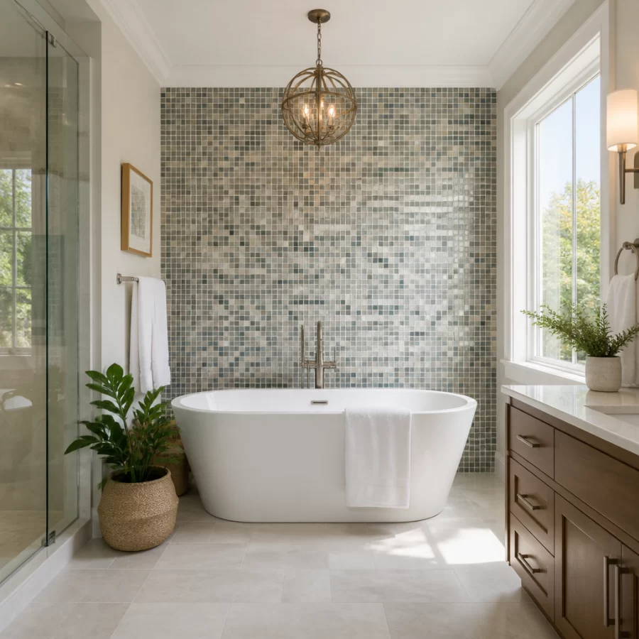 Bồn tắm đặt trước mảng tường gạch mosaic tạo điểm nhấn rõ ràng trong phòng tắm.