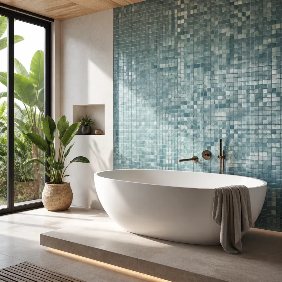 Phòng tắm hiện đại có bồn tắm và mảng gạch mosaic trang trí phía sau tạo điểm nhấn.