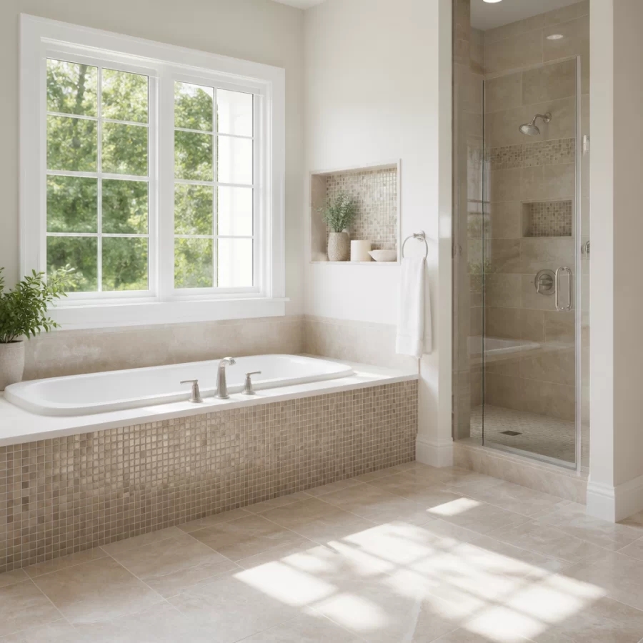 Phòng tắm sáng với gạch mosaic tông trung tính quanh bồn tắm, thể hiện yếu tố màu sắc và khả năng vệ sinh.