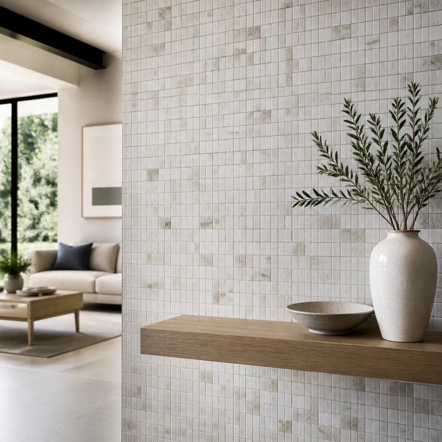 Mảng tường ốp gạch mosaic với các viên nhỏ ghép vỉ trong không gian nội thất hiện đại