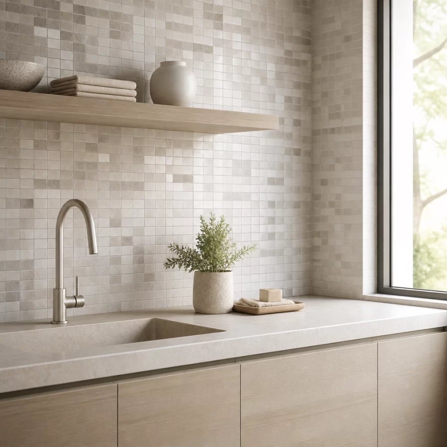 Gạch mosaic tông trung tính ứng dụng trong không gian nội thất tối giản