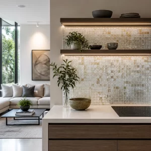 Không gian nội thất hiện đại với mảng gạch mosaic làm điểm nhấn theo xu hướng thiết kế mới