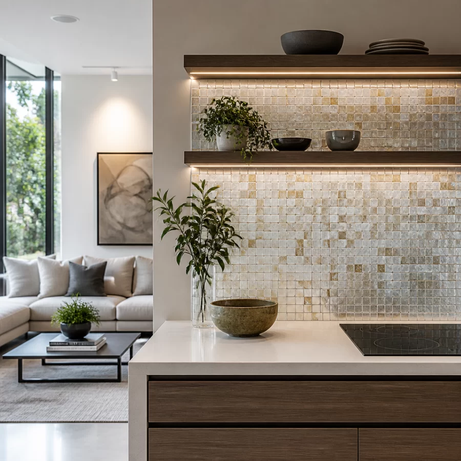 Không gian nội thất hiện đại với mảng gạch mosaic làm điểm nhấn theo xu hướng thiết kế mới