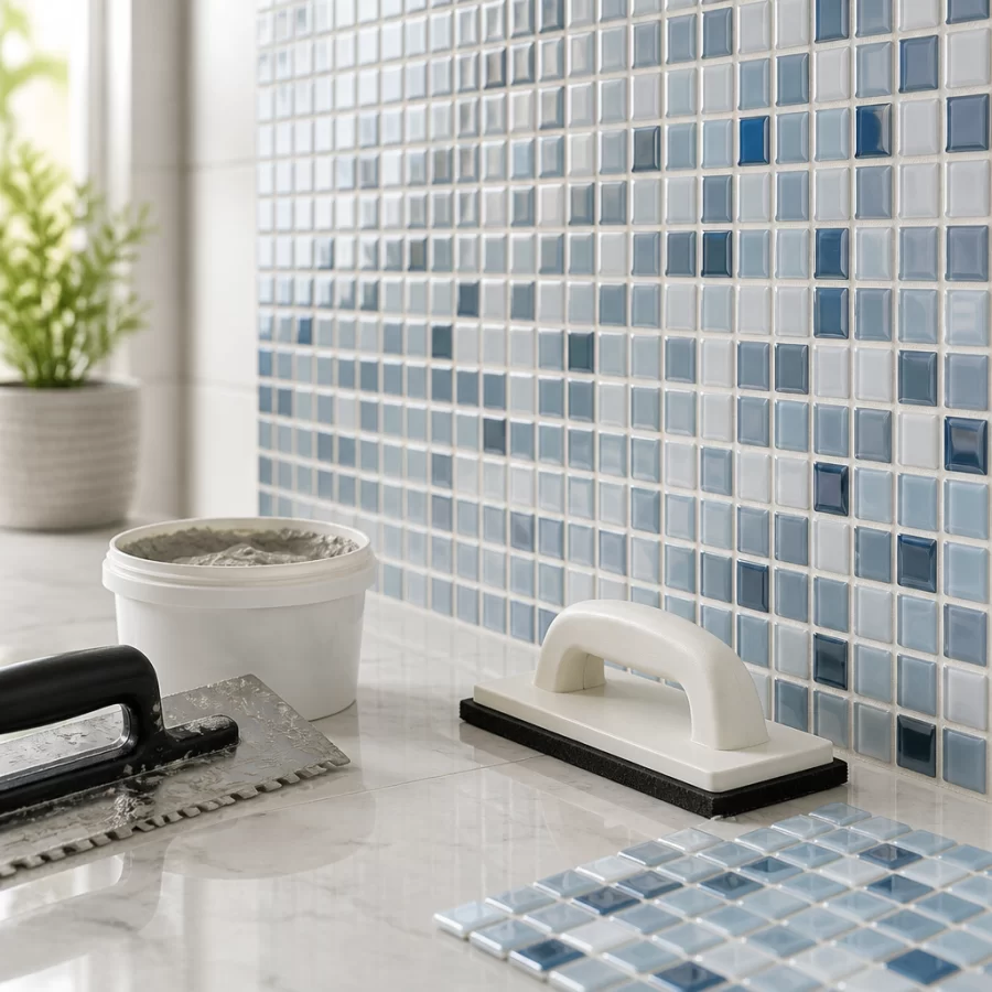 Mảng gạch mosaic với đường keo chít mạch đều đẹp trong không gian nội thất sáng sạch