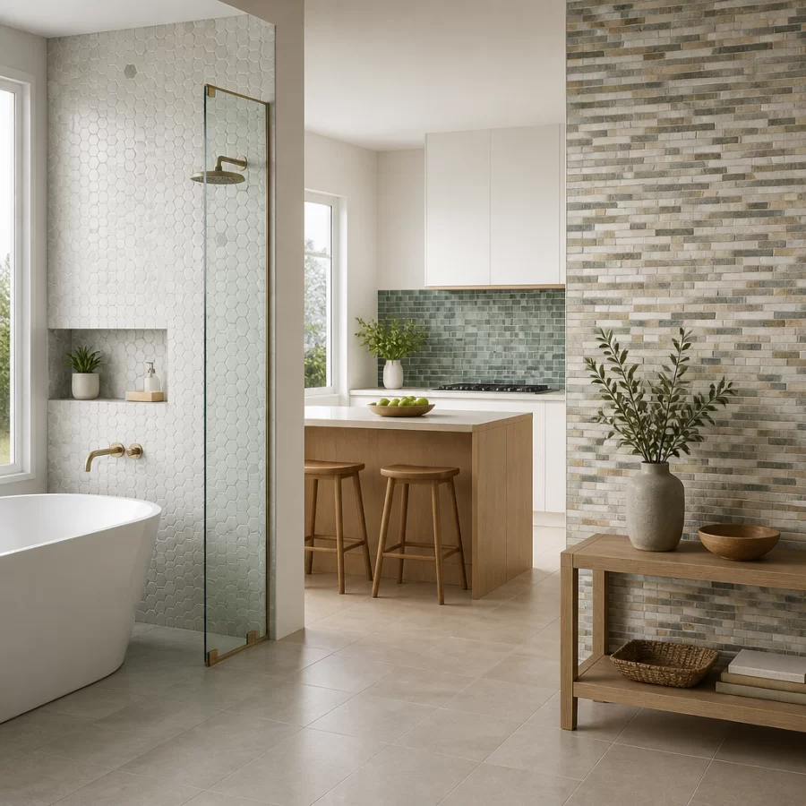 Các khu vực sử dụng gạch mosaic như phòng tắm, bếp và mảng tường trang trí với đường ron hoàn thiện đẹp.