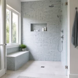 Mảng tường mosaic trong phòng tắm với đường keo chít mạch gọn và sạch.