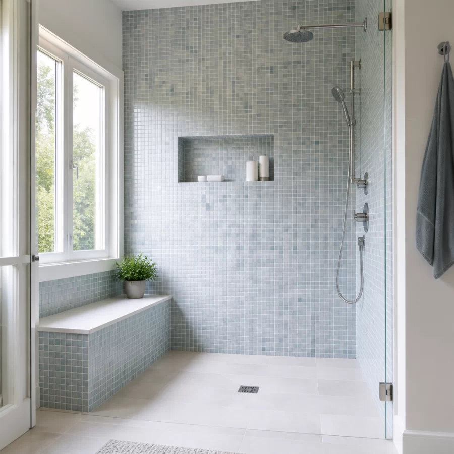 Mảng tường mosaic trong phòng tắm với đường keo chít mạch gọn và sạch.