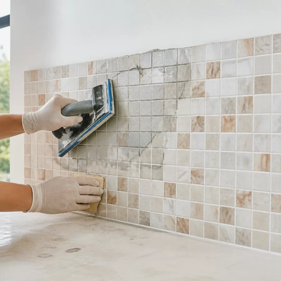 Quy trình chít mạch gạch mosaic với thao tác trét keo và vệ sinh keo dư trên bề mặt nhỏ.