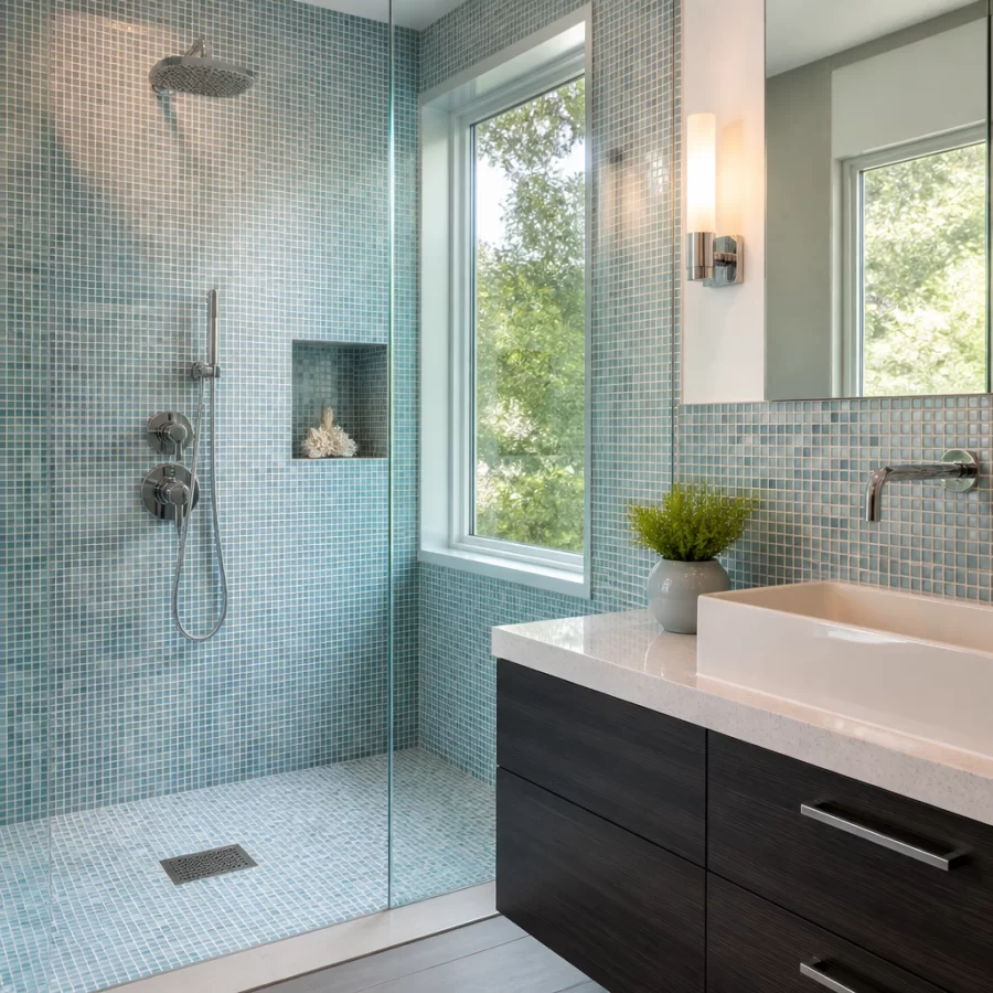 Mosaic thi công ở khu vực ẩm ướt như phòng tắm cần keo bám chắc và bền nước