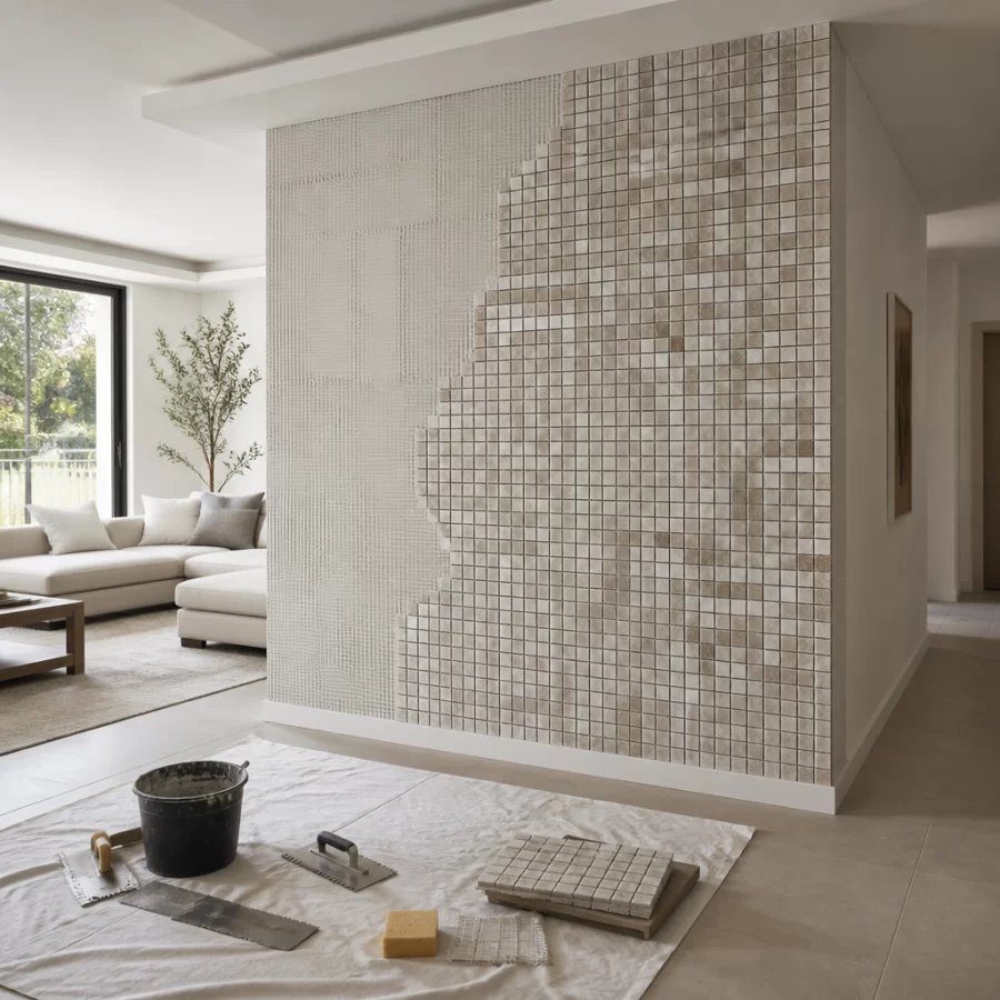 Mảng tường mosaic trong nhà đang được thi công hoàn thiện