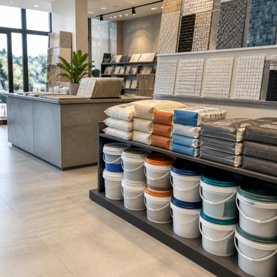 Khu vực trưng bày keo dán gạch và mẫu mosaic trong cửa hàng vật liệu xây dựng.