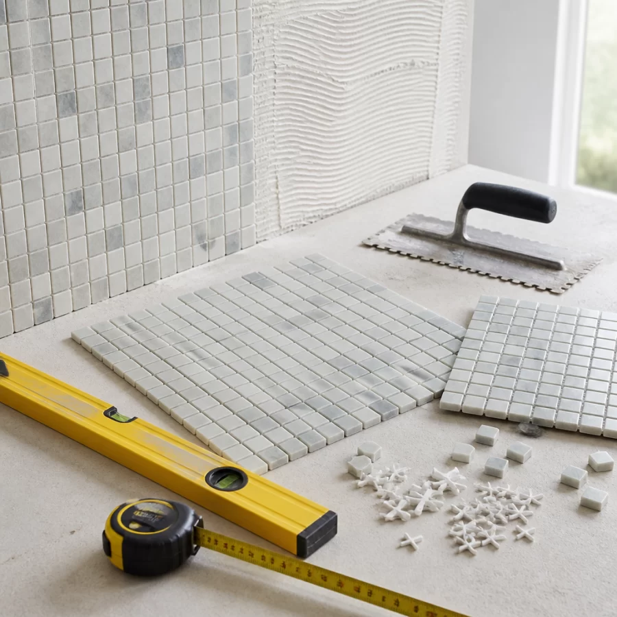 Cận cảnh vỉ gạch mosaic, thước đo và bay dán trong khu vực thi công cần canh chỉnh kỹ.