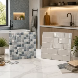 Hình minh họa so sánh gạch mosaic và gạch men trong không gian nội thất hiện đại.