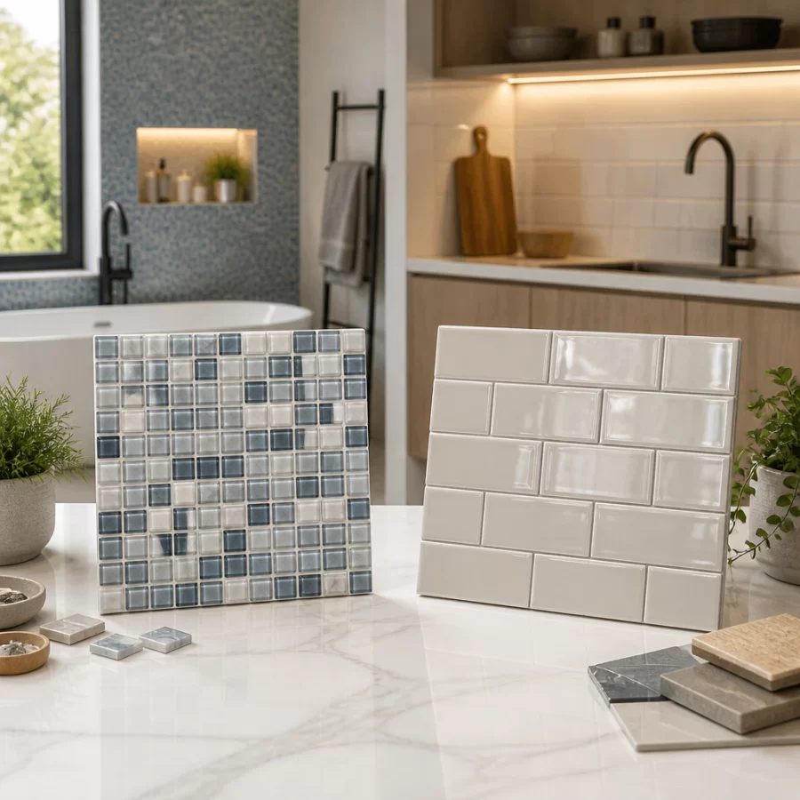 Hình minh họa so sánh gạch mosaic và gạch men trong không gian nội thất hiện đại.