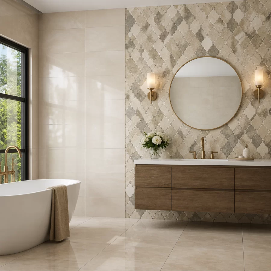 Mảng tường mosaic làm điểm nhấn bên cạnh gạch men trung tính trong không gian hiện đại.