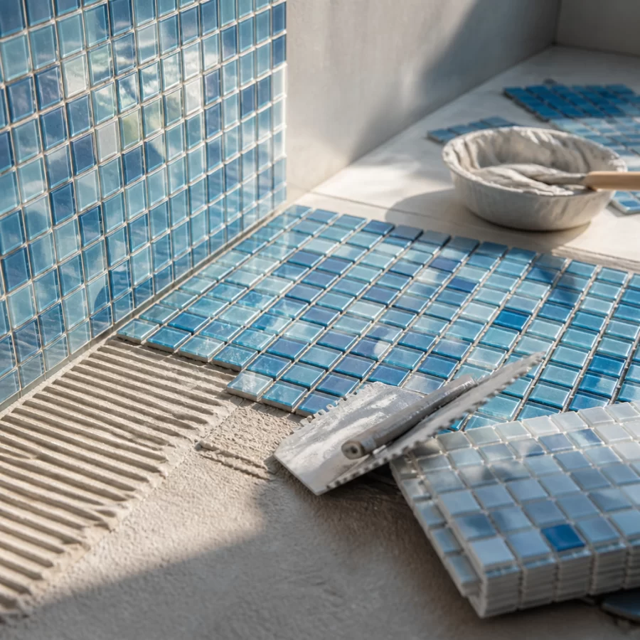 Hình ảnh minh họa thi công gạch mosaic trong không gian nội thất sáng thoáng, nhấn mạnh bề mặt ốp lát và đường ron đều đẹp.