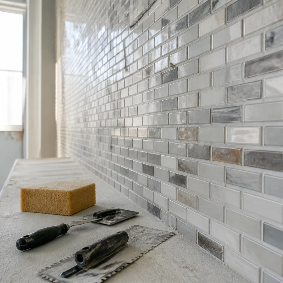 Căn chỉnh mạch và làm sạch keo thừa khi thi công gạch mosaic