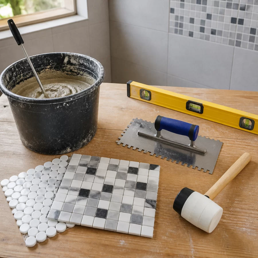 Dụng cụ và keo dán cần chuẩn bị khi thi công gạch mosaic được sắp xếp gọn trên bàn làm việc.