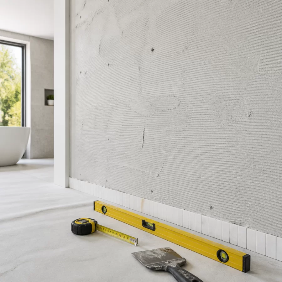 Bề mặt tường được kiểm tra trước khi thi công gạch mosaic với thước đo và dụng cụ chuẩn bị nền