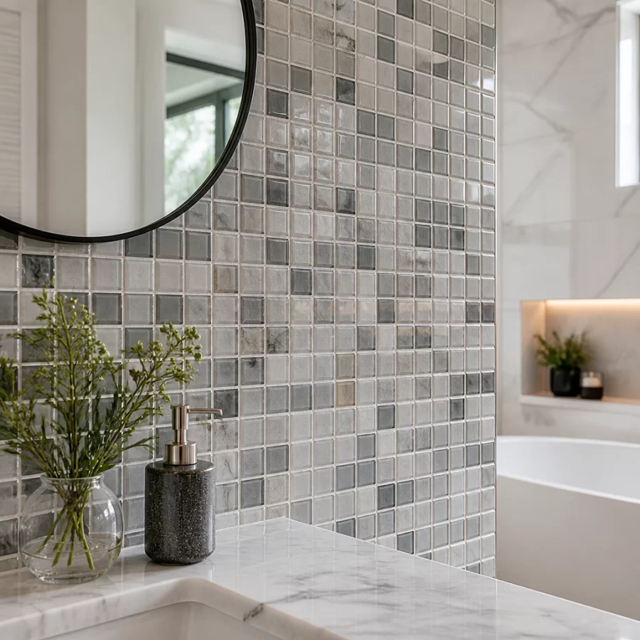 Cận cảnh gạch mosaic ốp tường phòng tắm với bề mặt và đường ron rõ ràng