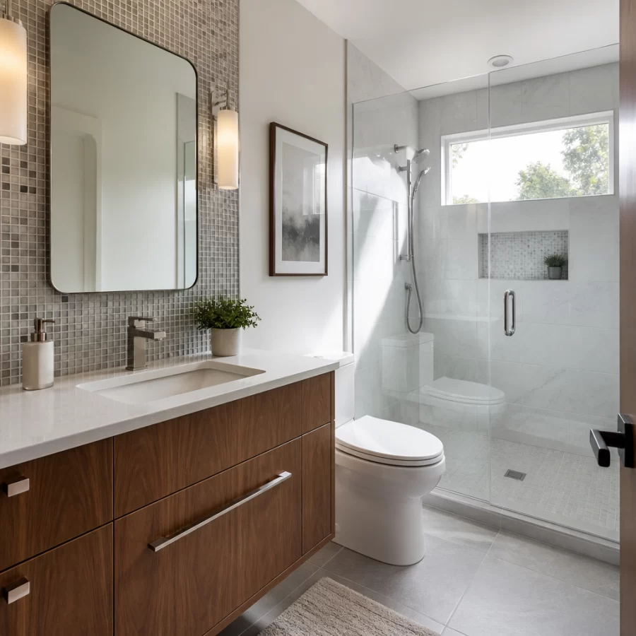 Phòng tắm nhỏ phối gạch mosaic làm điểm nhấn gọn gàng và hiện đại