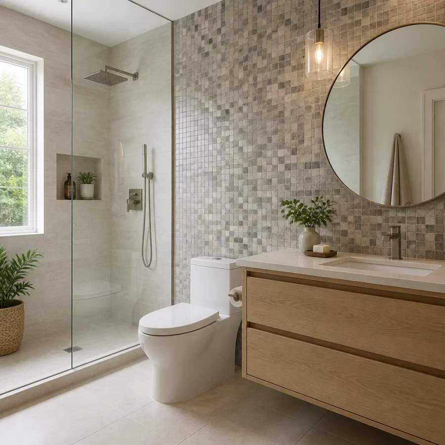 Mảng tường ốp gạch mosaic giúp phòng tắm có chiều sâu và bớt đơn điệu.