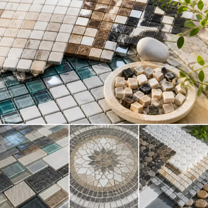Mẫu đá mosaic trang trí ốp tường với bề mặt ghép từ nhiều viên nhỏ trong không gian nội thất hiện đại.