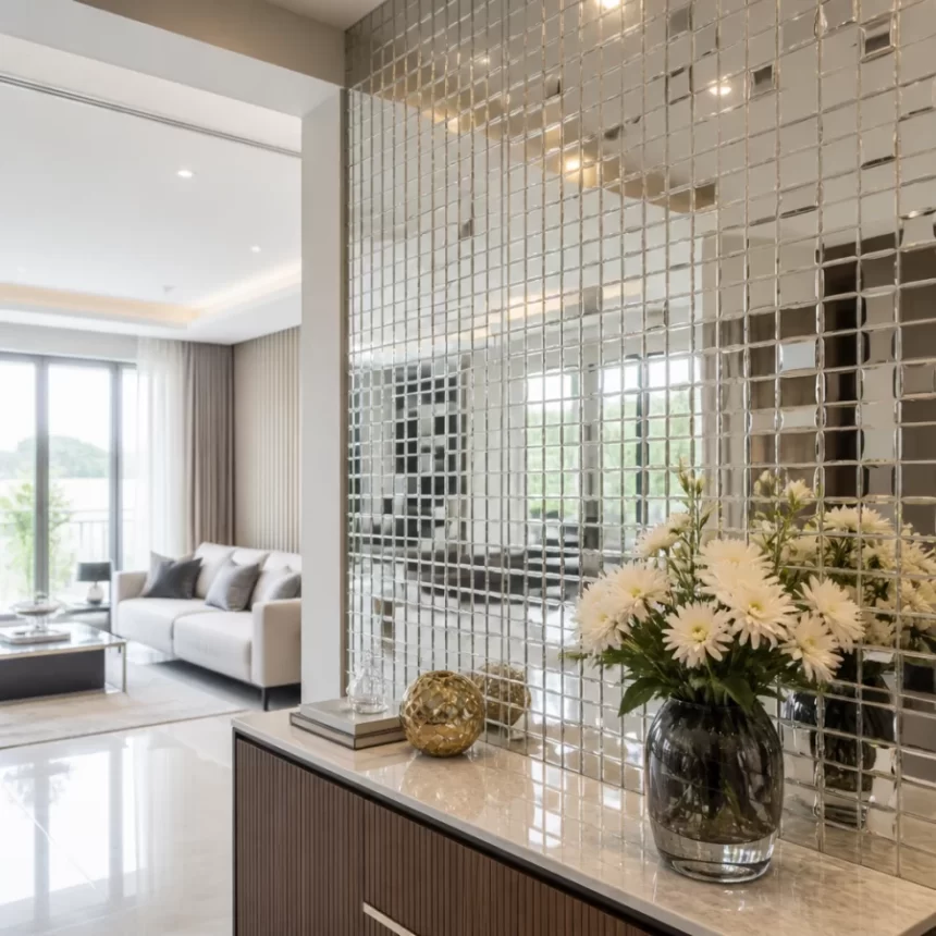 Mảng tường ốp gạch mosaic gương tạo hiệu ứng phản chiếu sang trọng trong không gian nội thất hiện đại.