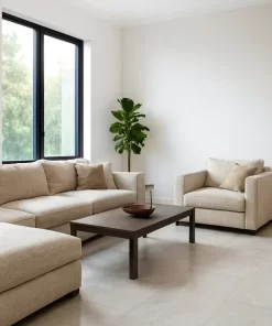 Gạch 60x120 Novita màu xám trắng vân đá lát toàn bộ sàn phòng khách rộng, nội thất tối giản, ánh sáng tự nhiên