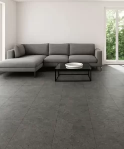 Phòng khách sang trọng lát sàn bằng gạch Novita LIME STONE 60x120 vân đá xám đậm bề mặt matt