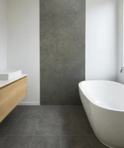 Phòng tắm cao cấp lát sàn bằng gạch Novita LIME STONE 60x120 vân đá xám đậm hiện đại