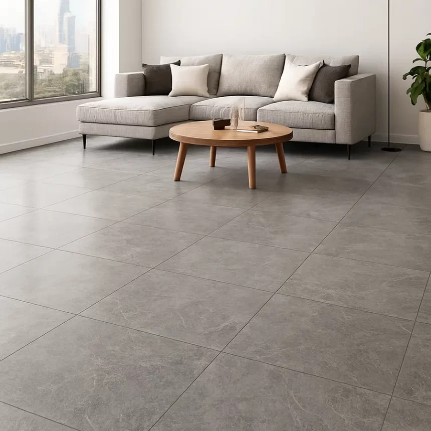 Gạch 60x120 Moon Stone lát nền phòng khách hiện đại Gạch vân đá màu xám men matt 60x120 Moon Stone lát nền phòng khách hiện đại, ánh sáng tự nhiên