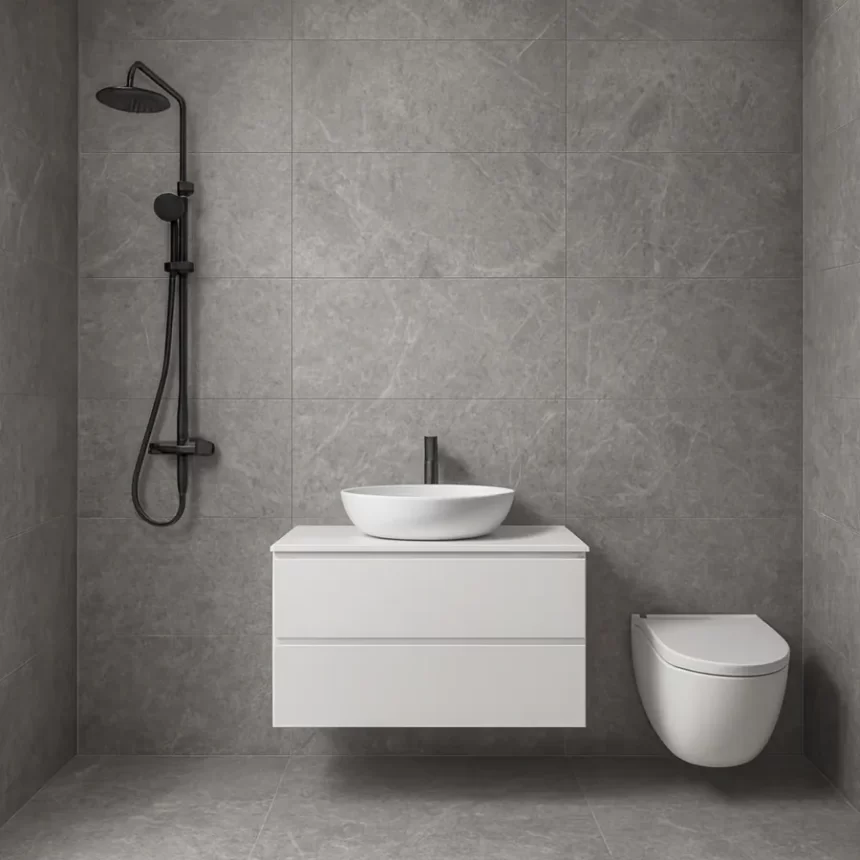 Gạch 60x120 Moon Stone ốp tường phòng tắm cao cấp Gạch men matt vân đá xám 60x120 Moon Stone ốp tường phòng tắm hiện đại, sang trọng