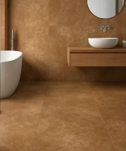 Phòng tắm hiện đại với sàn lát gạch Novita 60x120 mã NLA 612009 vân xi măng nâu cam men matt
