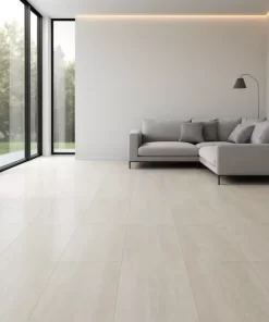 Phòng khách hiện đại sử dụng gạch lát sàn Novita Traventino màu kem vân travertine 60x120, ánh sáng tự nhiên, không gian thực tế.