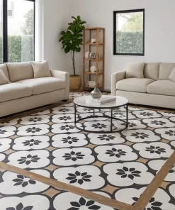 Gạch bông Novita WOOD HARMONY 60x60 lát sàn phòng khách, hoa văn nâu gỗ, nền trắng, họa tiết đen nổi bật