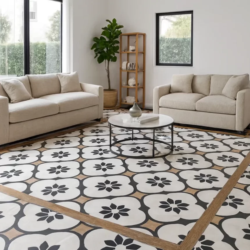 Phòng khách trẻ trung lát gạch Novita WOOD HARMONY 60x60 Gạch bông Novita WOOD HARMONY 60x60 lát sàn phòng khách, hoa văn nâu gỗ, nền trắng, họa tiết đen nổi bật