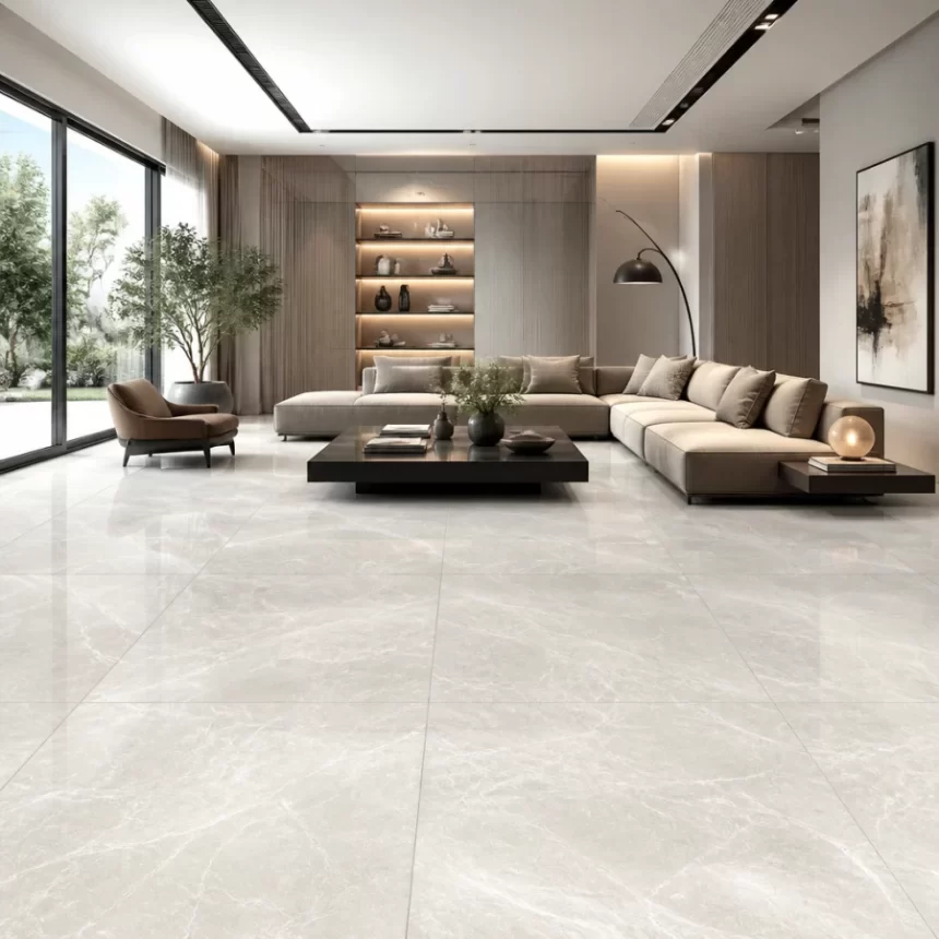 Phòng khách rộng lát gạch Ấn Độ 100x100 với không gian sáng và sang trọng
