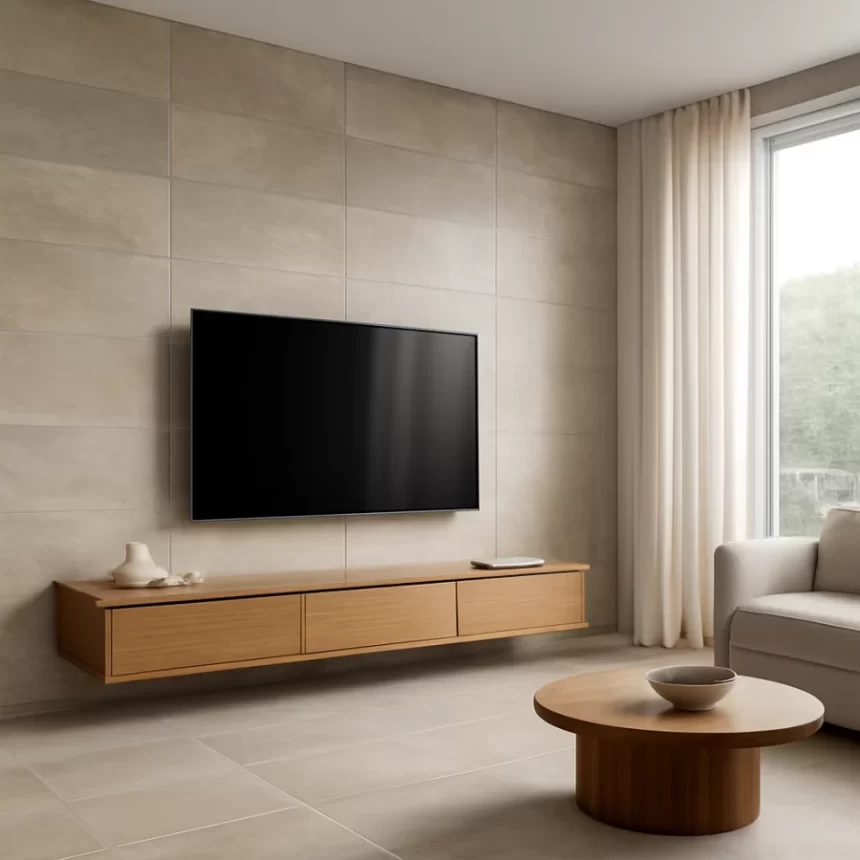 Không gian phòng khách hiện đại với vách TV và mảng ốp gạch chữ nhật 80x160 tạo cảm giác gọn và cao