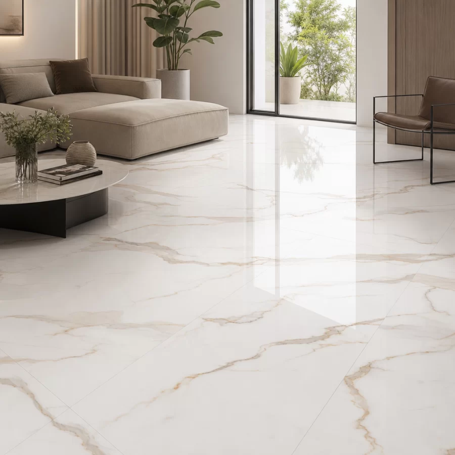 Gạch Apodio A81CB805 lát sàn với họa tiết vân đá marble trắng kem, bề mặt bóng sáng.