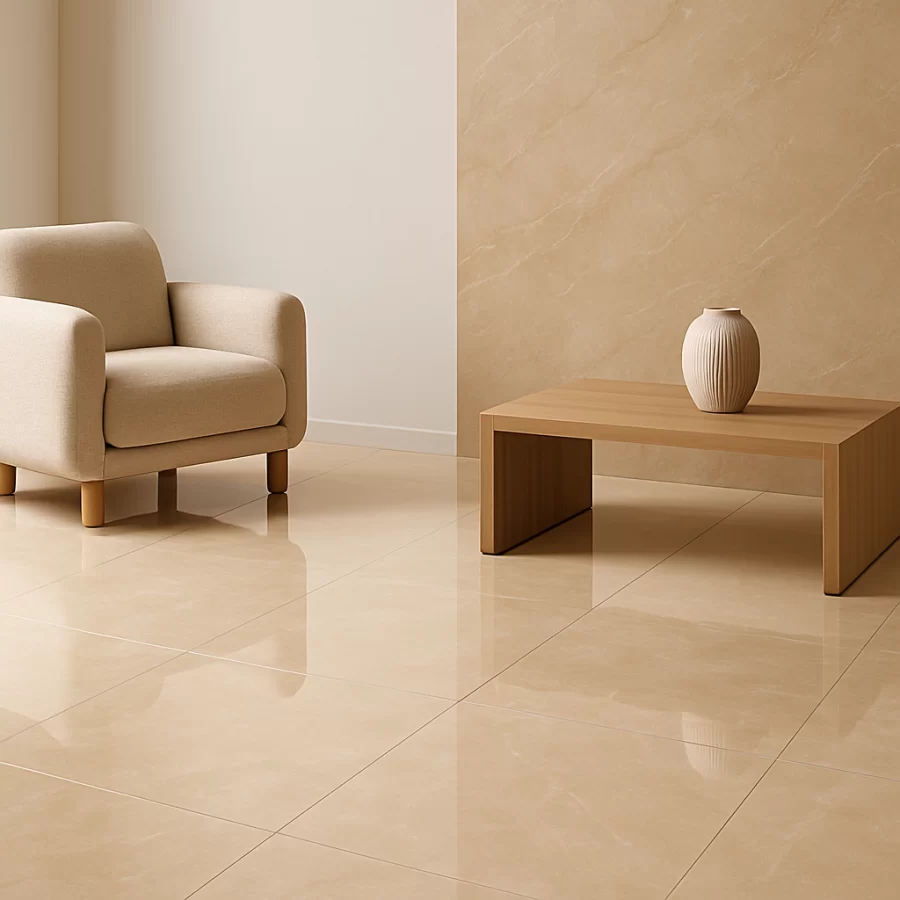 Không gian trưng bày với gạch Apodio 80x80 mã 88282057 tông vàng marble siêu bóng.