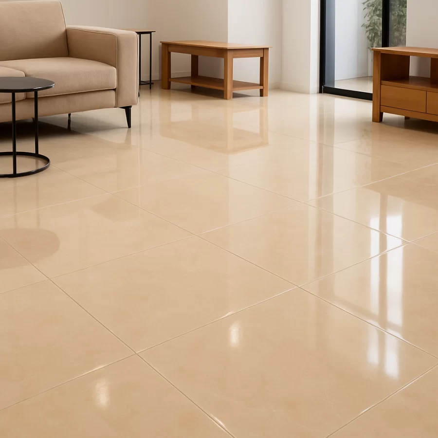 Phối cảnh lát sàn bằng gạch Apodio 80x80 mã 88282057 tông vàng marble bóng sáng.