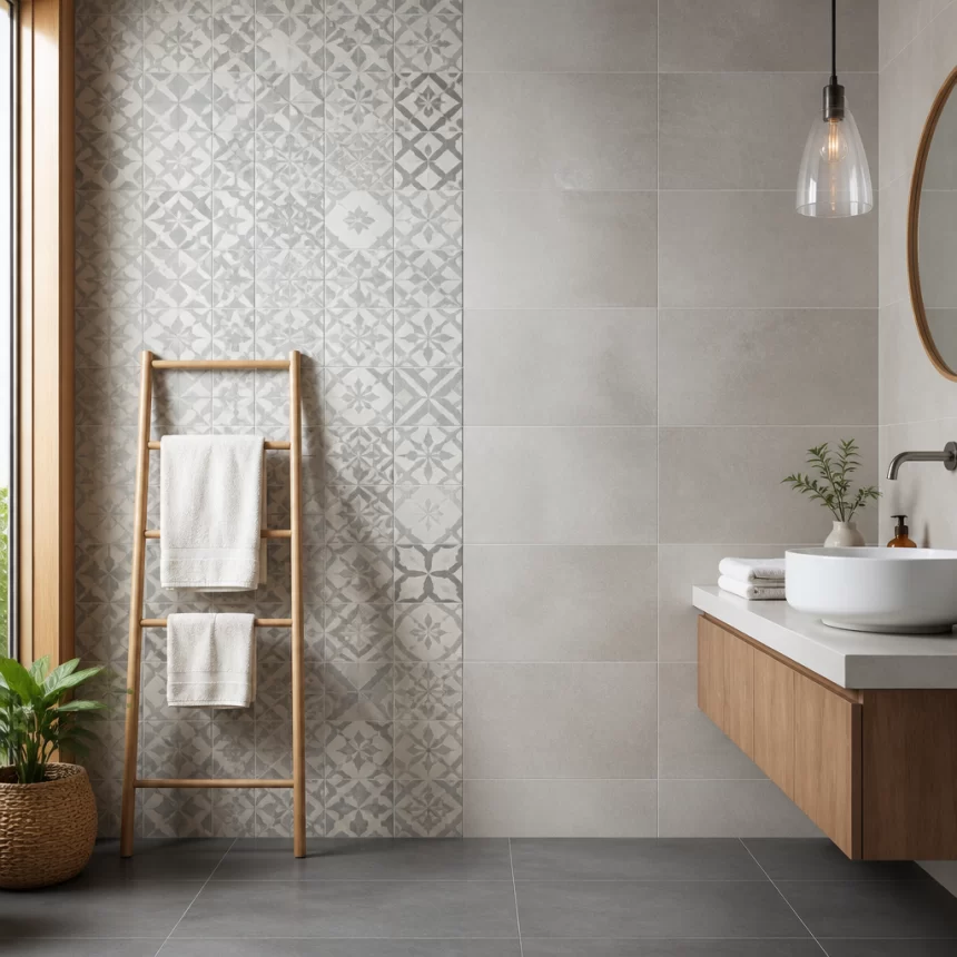 Mẫu phối gạch bông ốp tường nhà tắm với mảng gạch trơn, gợi ý cách chọn chất liệu phù hợp khu vực ẩm.