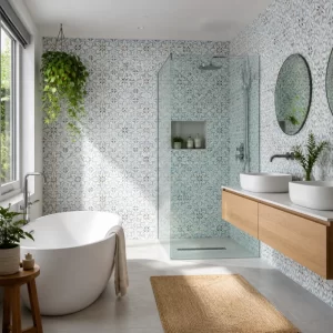 Phòng tắm hiện đại ốp gạch bông trên mảng tường nhấn, phối cùng tường sáng màu và không gian sạch thoáng.