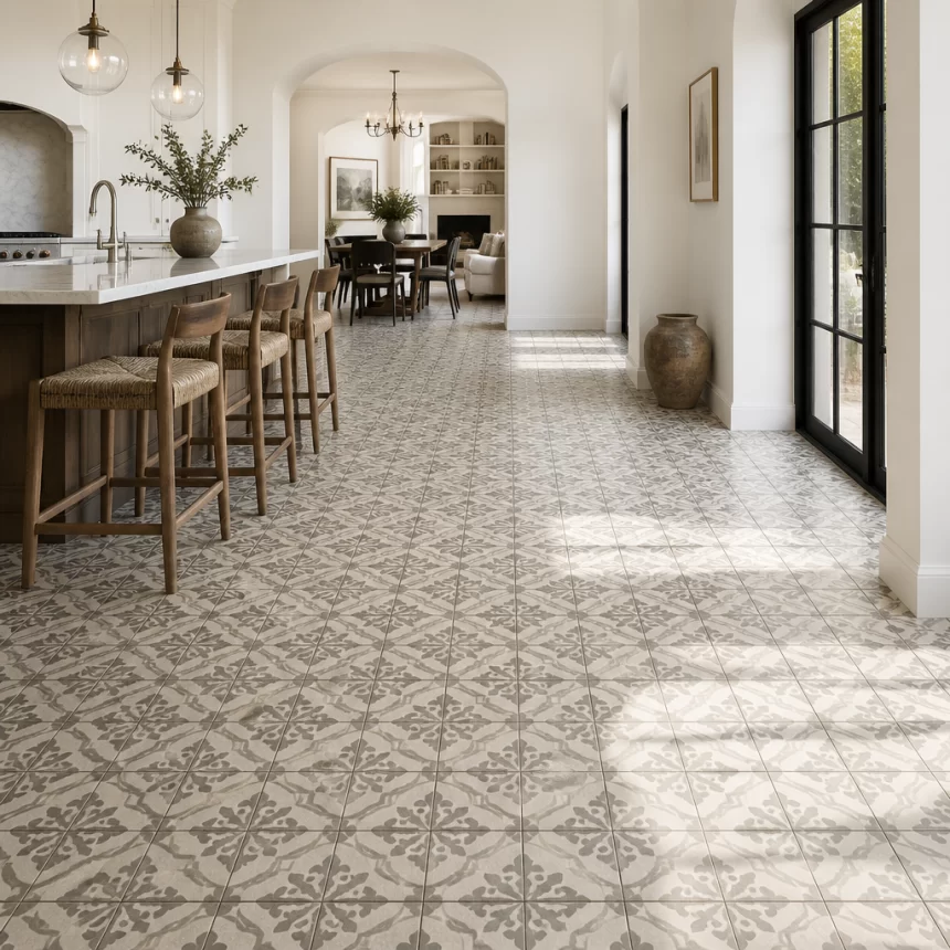 Gạch bông porcelain trong không gian nội thất với bề mặt tinh tế và cảm giác bền chắc.