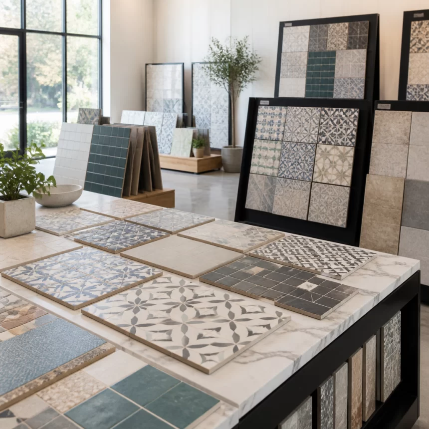 Khu trưng bày gạch bông trang trí trong showroom với nhiều mẫu để tham khảo và so sánh.
